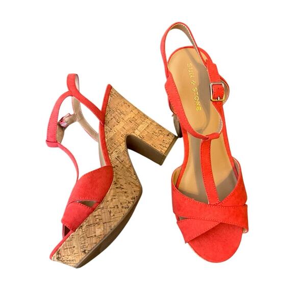 Sun + Stone Women Cork Heel Slingback Sandals Jamie Size US 10M Coral Pink - Picture 2 of 6